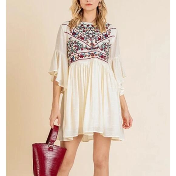 Umgee Dress Womens 1XL Boho Bliss Embroidered Flared Sleeve Mini Babydoll Cream - Picture 1 of 6